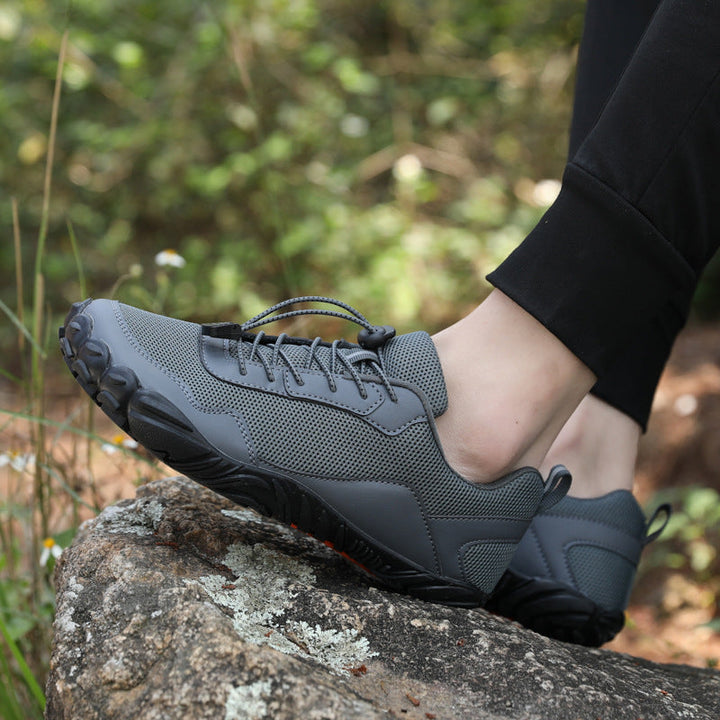 Front view of unisex barefoot orthopedic hiking shoes, showing wide toe box and natural, ergonomic design.