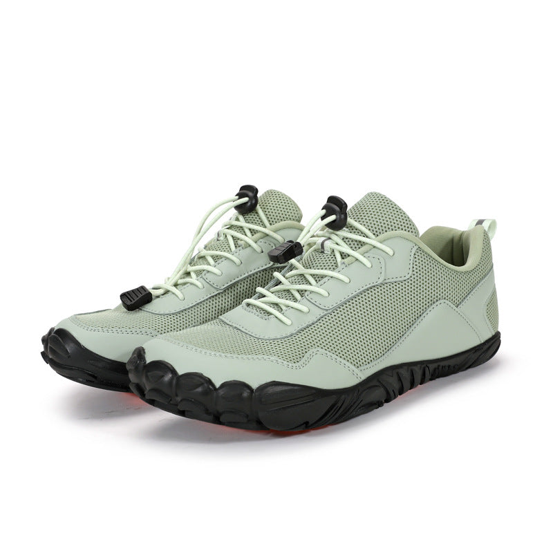 Close-up of flexible zero-drop sole on orthopedic hiking shoes, enhancing natural fit for walking.