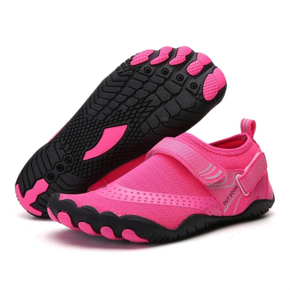 Minimalist water shoes with flexible sole for natural foot movement.