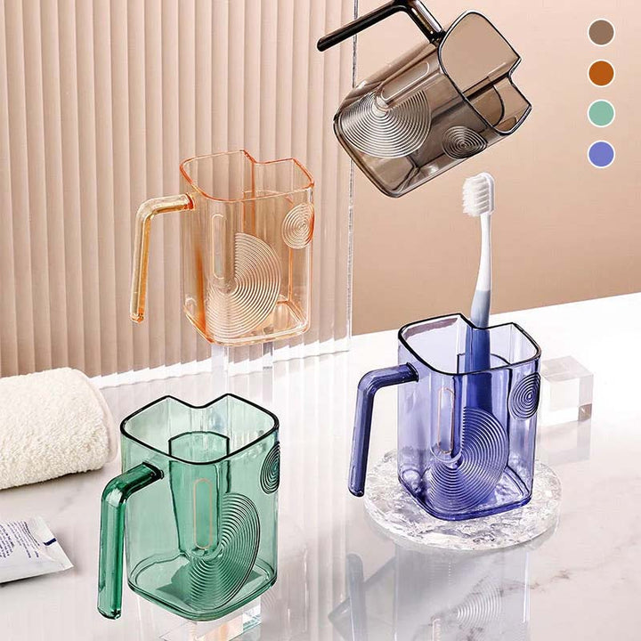 Unisex bathroom rinse cup with integrated toothbrush holder in a modern bathroom setting, white background