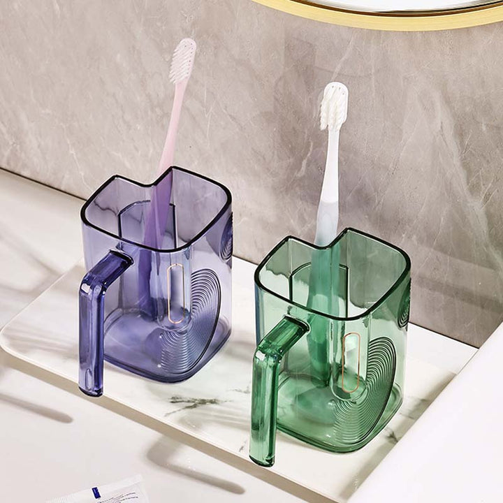 Product shot of a unisex bathroom rinse cup with toothbrush holder, emphasizing its practical design
