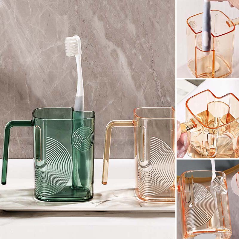 Close-up of a colorful gargle cup with toothbrush holder, showcasing its hygiene features and sleek design