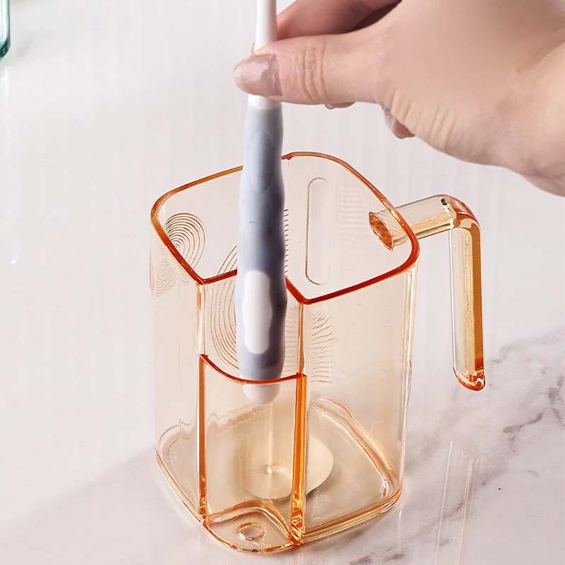 Detailed view of the functional toothbrush holder integrated into a hygienic bathroom gargle cup