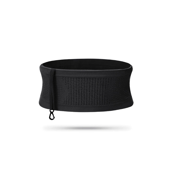 Black athletic gear: unisex running belt with an adjustable strap, designed for secure and comfortable fit.