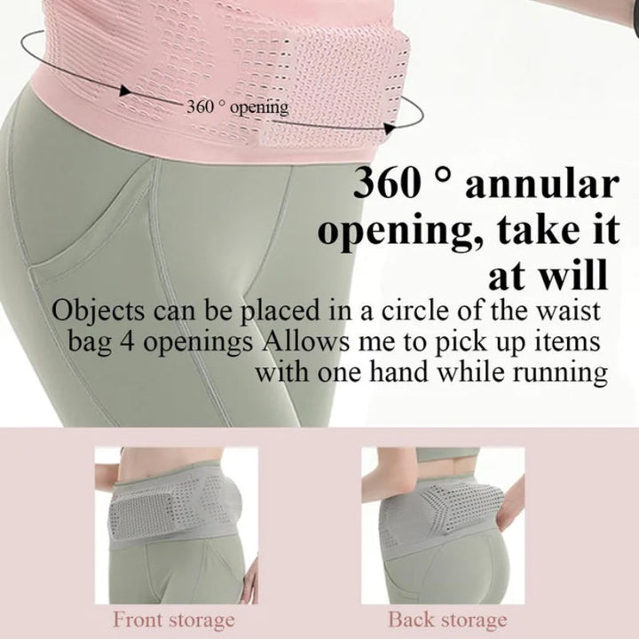 Close-up of a concealed waist pouch with a zipper, ideal for discreet storage during running or travel.