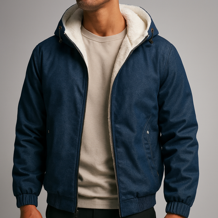 Close-up of the plush fleece lining inside a unisex hooded jacket, emphasizing warmth.
