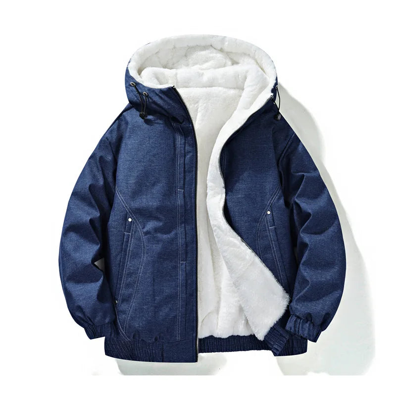 Model wearing a unisex fleece-lined hooded jacket, showcasing its comfortable fit and casual style.