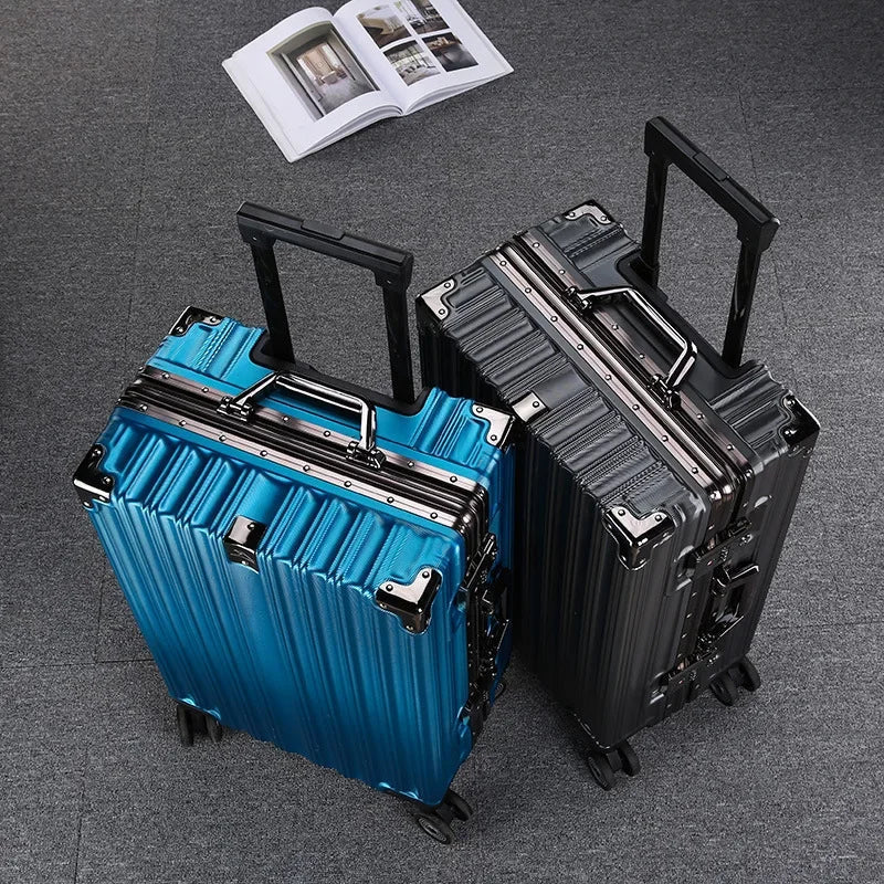 Unisex black hardshell suitcase with durable aluminum frame & smooth spinner wheels. Travel confidently.