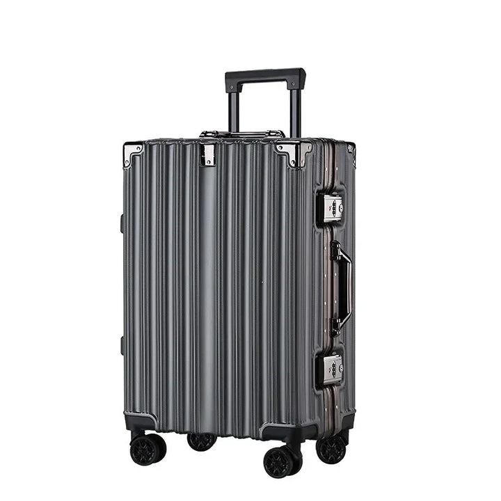 Elegant black hardshell suitcase, unisex, highlighting strong aluminum frame & modern travel bag design.