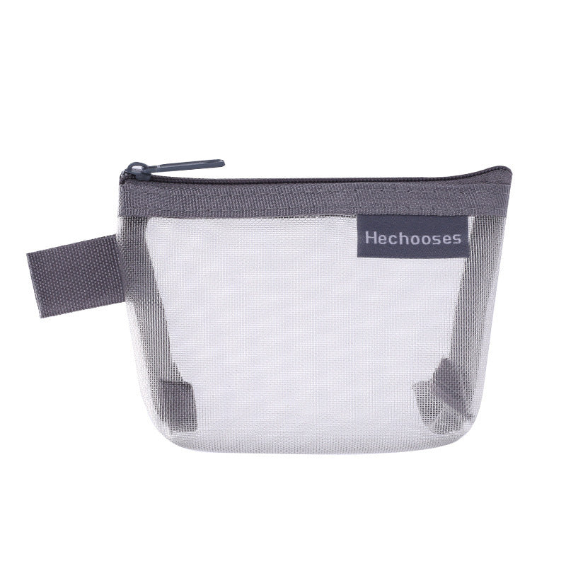 Stylish grey mesh pouch with a smooth zipper, a must-have for efficient storage.