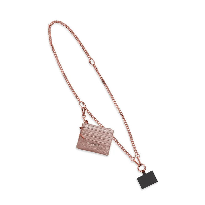Model showcasing how the phone lanyard with pouch can be worn as a crossbody or neck strap for phones.