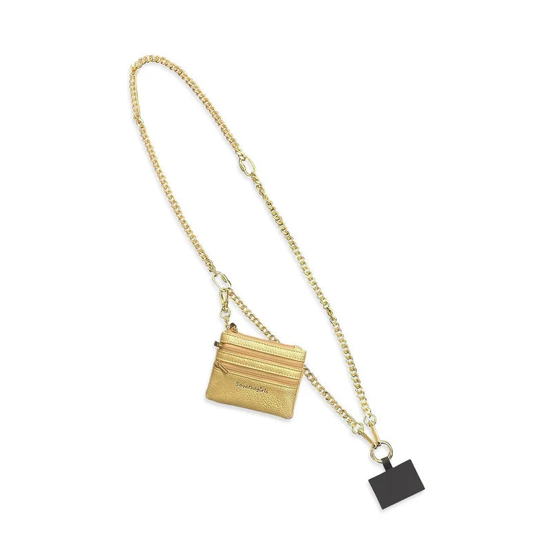 Close-up of the phone lanyard's robust clasp and the flexible material of the universal phone pouch.