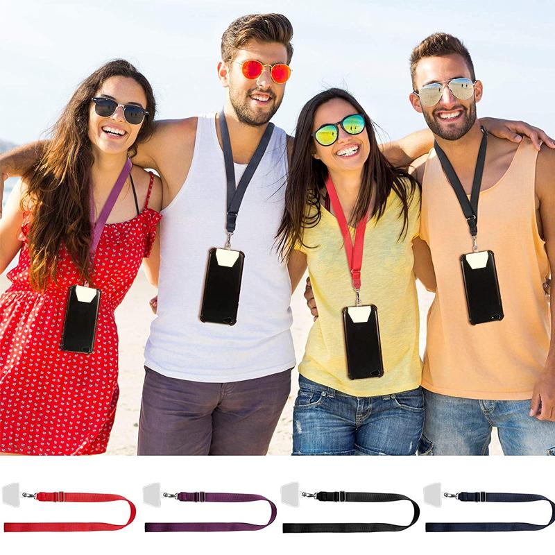 Unisex black phone lanyard with secure patch for hands-free smartphone carrying, adjustable strap