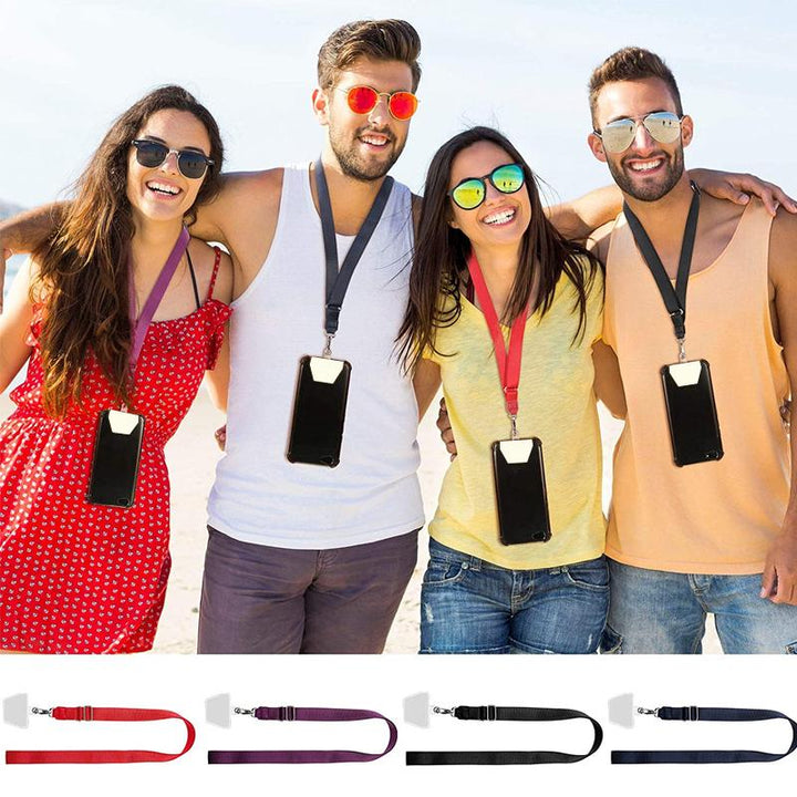 Unisex black phone lanyard with secure patch for hands-free smartphone carrying, adjustable strap