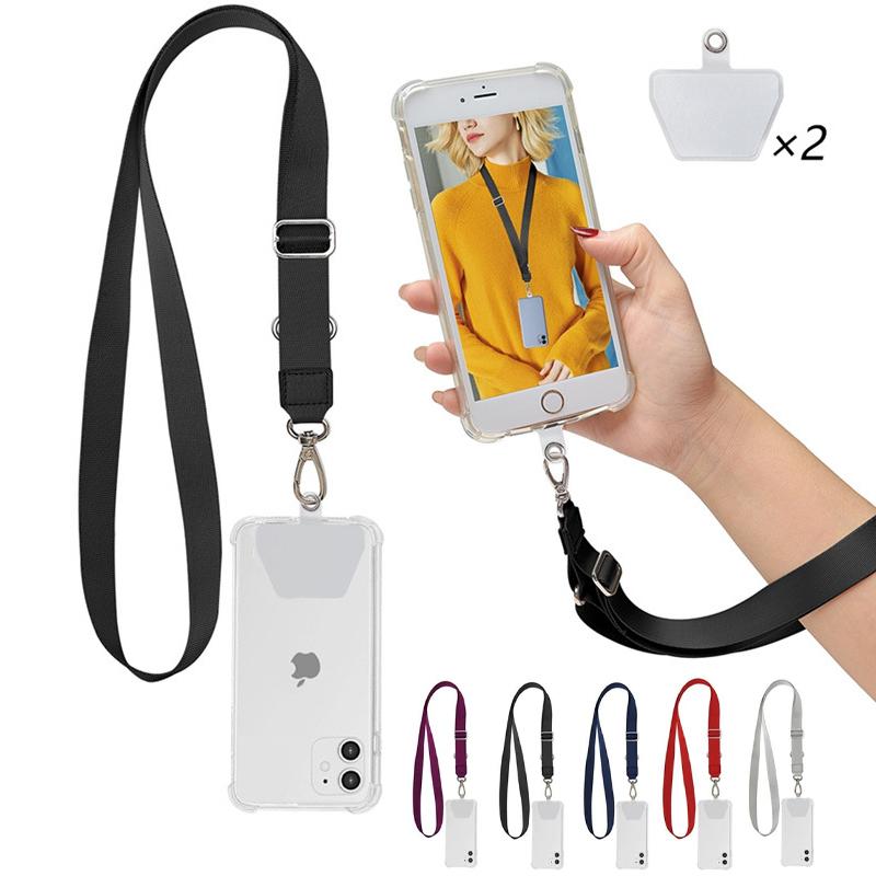 Adjustable phone lanyard with a secure patch, enabling hands-free use for any smartphone model
