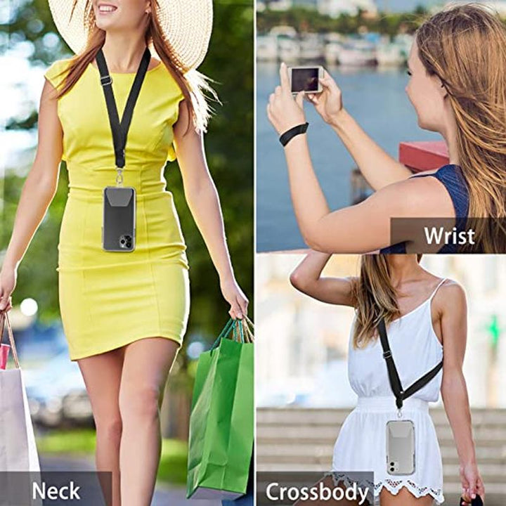 Black universal phone lanyard and clear secure patch, ideal for active hands-free smartphone use
