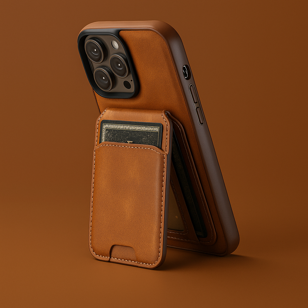 Unisex black vegan leather wallet phone case with MagSafe, showcasing card slots and kickstand feature.