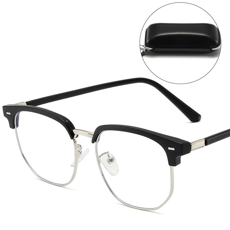 Sleek half-rim blue light blocking computer glasses for stylish eye protection & comfort.