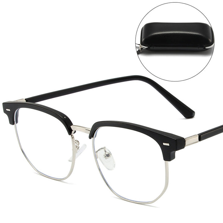 Sleek half-rim blue light blocking computer glasses for stylish eye protection & comfort.