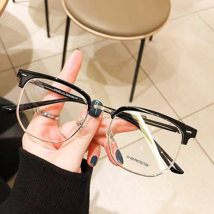Stylish unisex half-rim blue light glasses protect eyes from screen glare & digital strain.