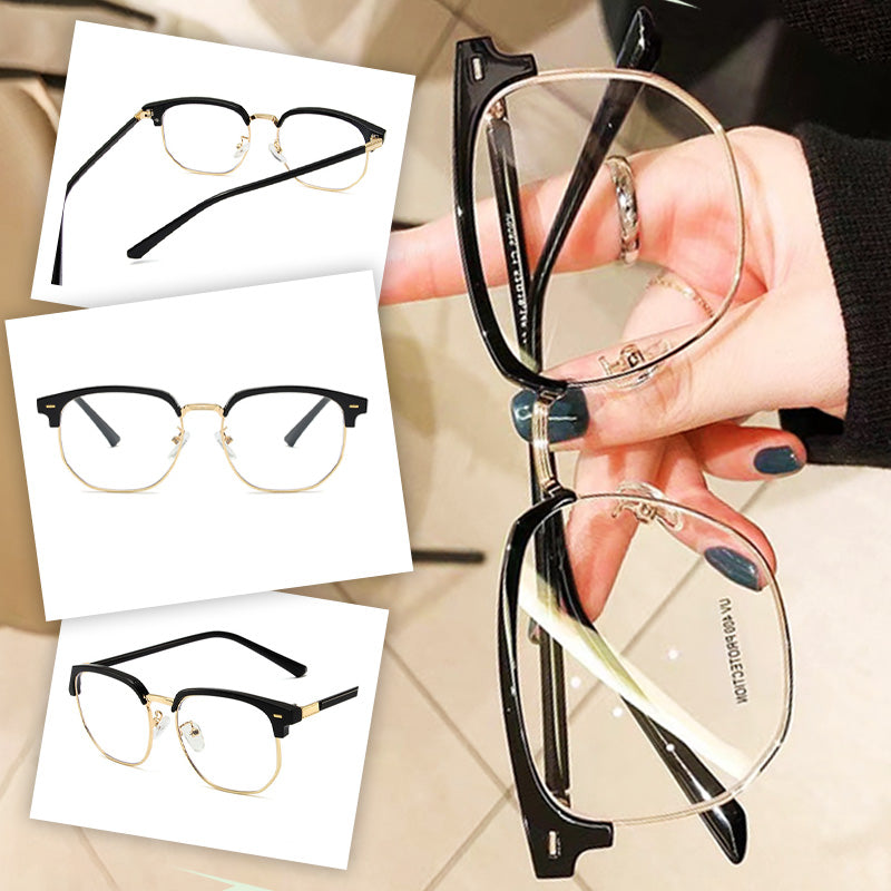 Anti-glare half-rim blue light glasses for reducing eye strain during PC & screen use.