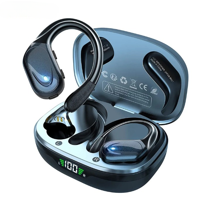 Unisex Bluetooth 5.3 sport earbuds with mic, showing sleek design & LED charging case. Wireless & waterproof.