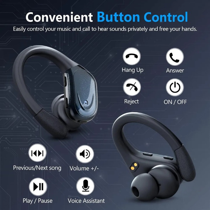 Unisex wireless sport earbuds providing 75-hour playback, perfect for long journeys or intense training sessions.
