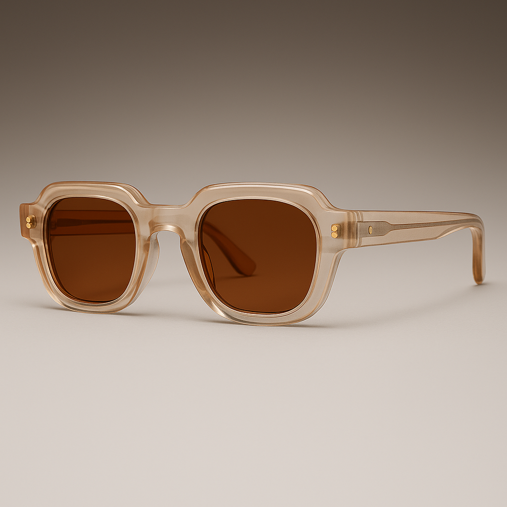 Close-up of unisex angular retro sunglasses, showcasing the bold frame and dark UV400 protective lenses.