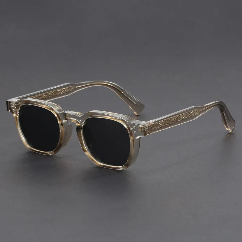 Side profile of unisex square frame sunglasses, showcasing the thick acetate and modern design.