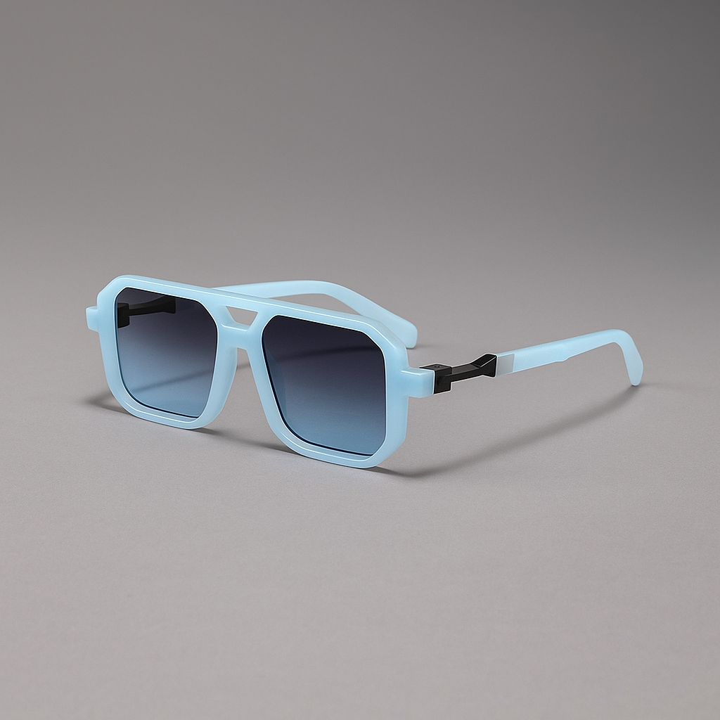 Stylish unisex square sunglasses, black frame, gradient lenses, for UV protection, side view