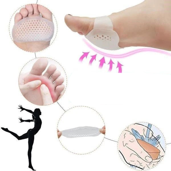 Close-up of breathable gel metatarsal pads. Soft, transparent design offers forefoot support & lasting comfort.