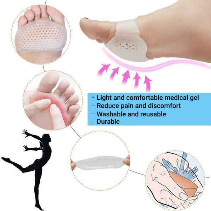 Close-up of a breathable gel metatarsal pad, showing its design for forefoot support & pain management.