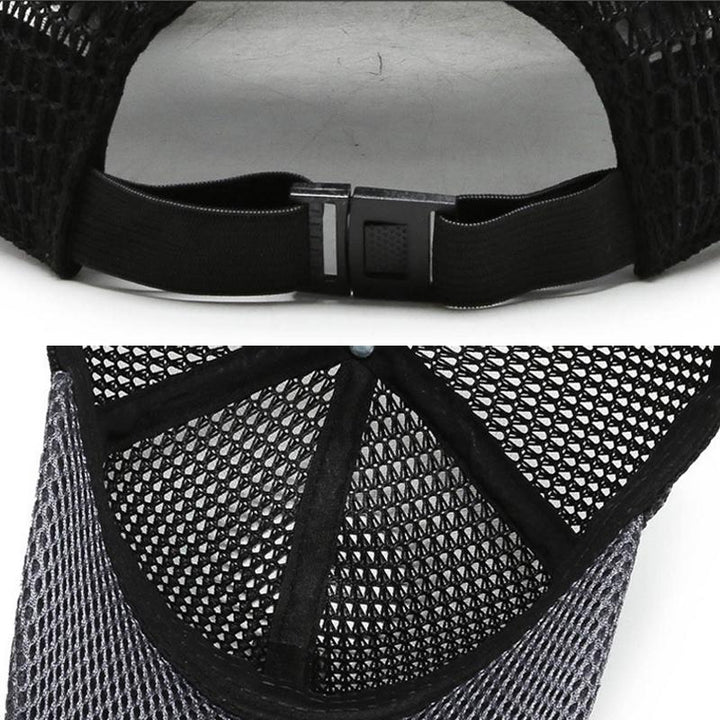 Close up of a unisex mesh baseball cap fabric, highlighting its breathable and quick-dry features