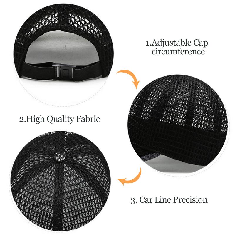 Rear view of a breathable mesh baseball cap with adjustable strap, perfect for sports and summer