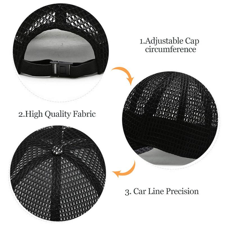 Rear view of a breathable mesh baseball cap with adjustable strap, perfect for sports and summer