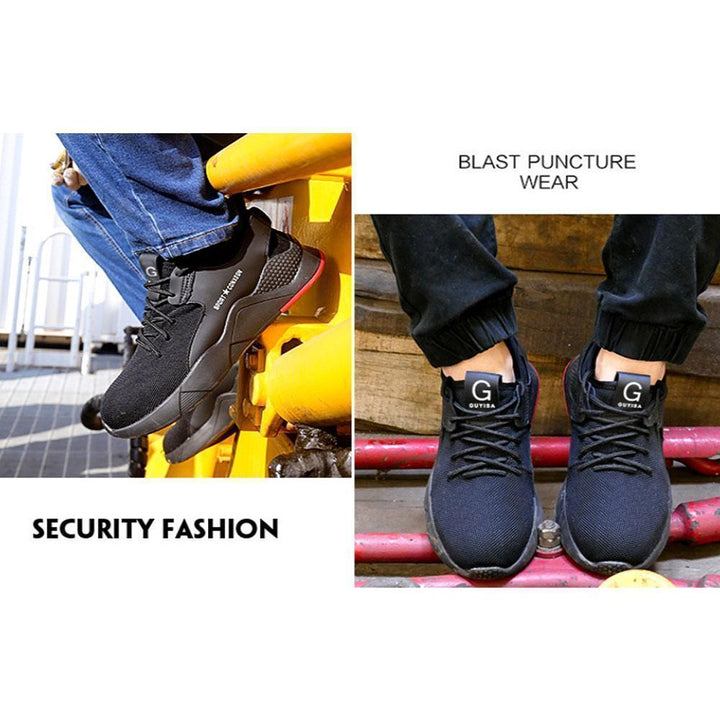 Top-down view of unisex breathable safety work shoes, highlighting the spacious toe box for comfort