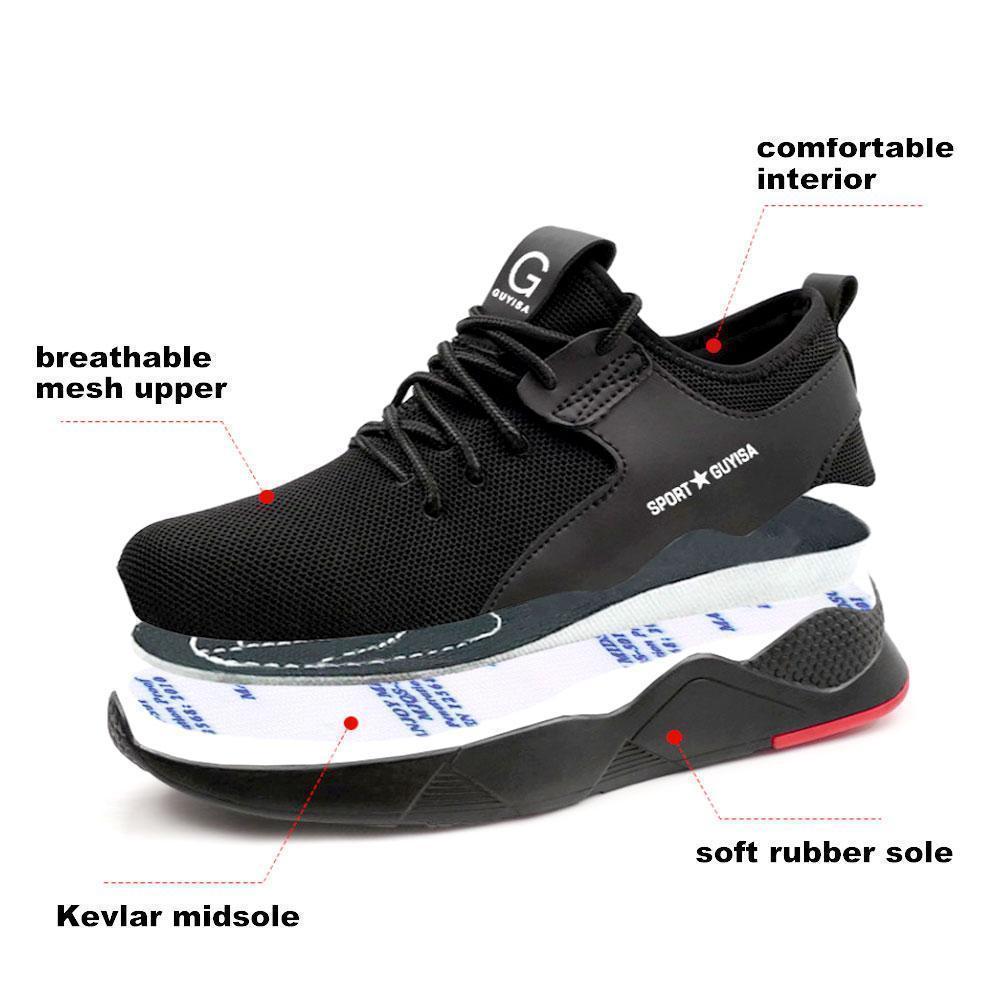 Puncture resistant safety work shoes with breathable mesh, anti-slip sole, ideal for demanding jobsites
