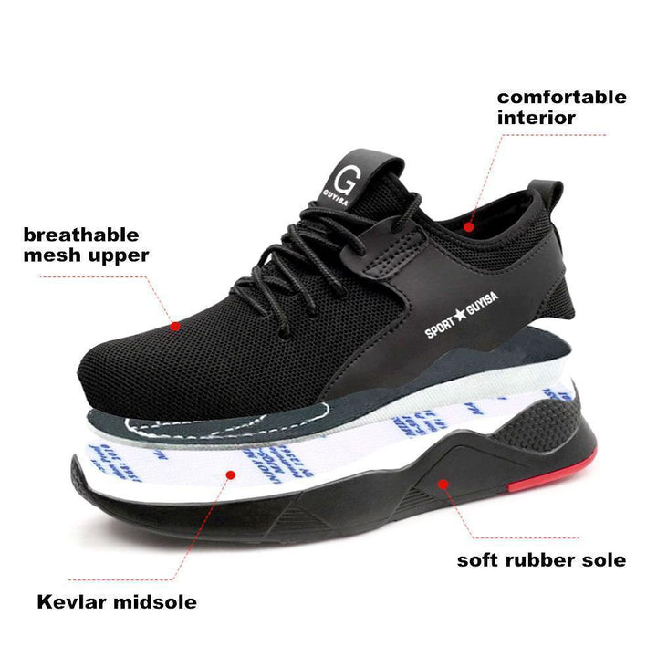 Puncture resistant safety work shoes with breathable mesh, anti-slip sole, ideal for demanding jobsites