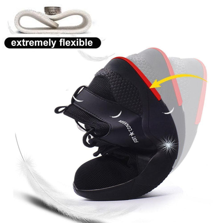 Side profile of grey unisex safety work shoes, featuring anti-slip sole & sturdy construction for protection
