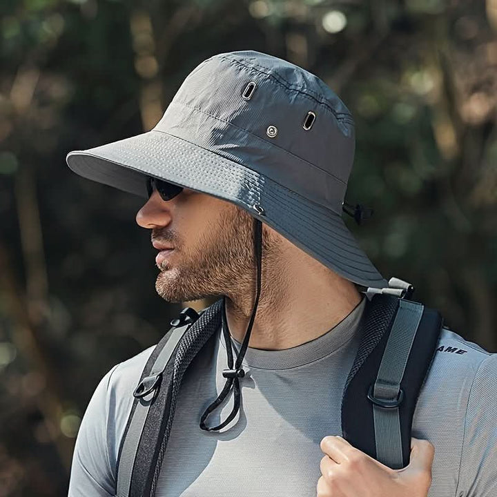 Breathable unisex sun hat with wide brim for UV protection during fishing, hiking & outdoor activities. Lightweight summer gear.