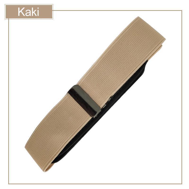 Casual pants belt, elastic and buckle-free, offering a smooth front for a sleek silhouette.