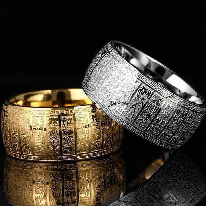 Unisex Buddhist Golden Light Mantra Titanium Ring, golden, featuring intricate mantra engraving