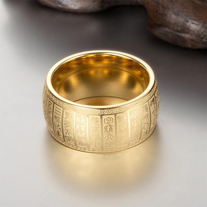 Silver Buddhist mantra ring made from titanium steel, a durable and spiritual unisex jewelry piece