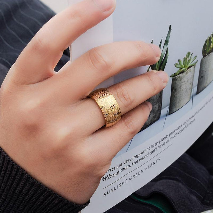 Golden Light Mantra titanium ring, a unisex spiritual jewelry with both golden and silver tones