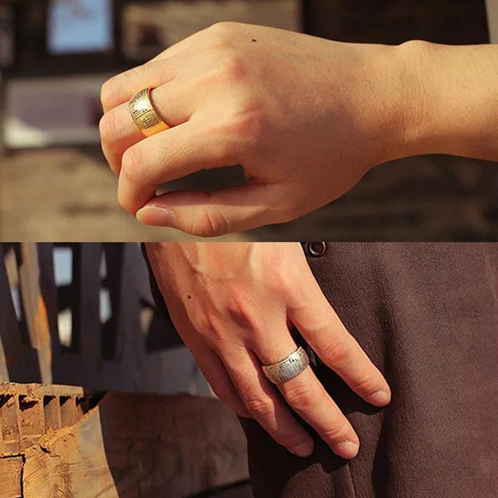 Elegant unisex titanium ring with a finely engraved Golden Light Mantra, a meaningful Buddhist gift