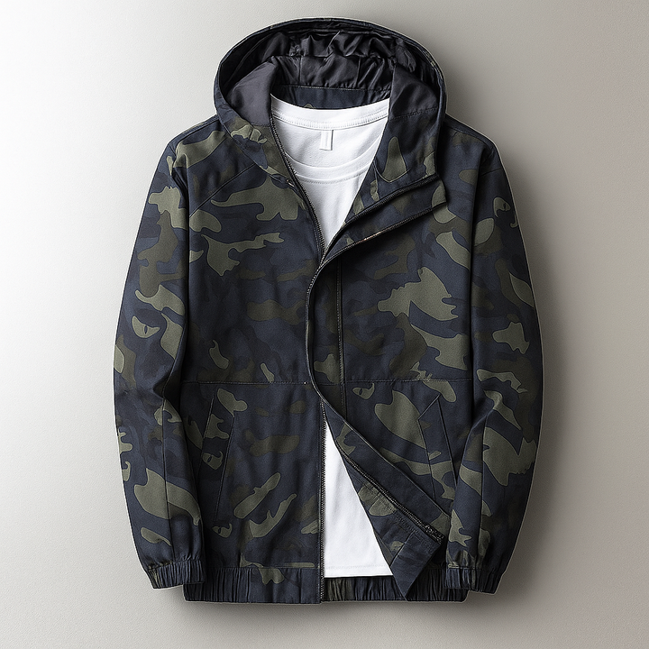 Model wearing a unisex camouflage windbreaker jacket, showcasing its casual and versatile style