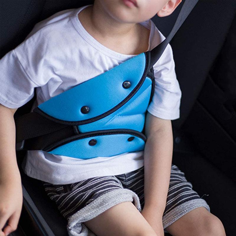 Close-up of car seat belt adjuster, soft cotton material enhancing adult comfort, car accessory.
