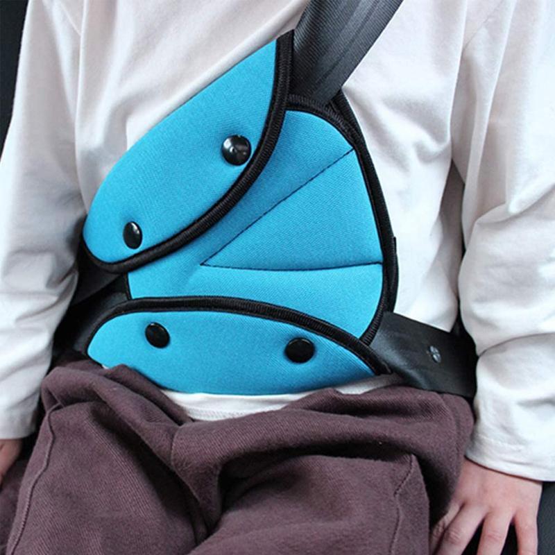 Unisex seat belt adjuster in a car interior, keeping belt away from neck for kids & adults.