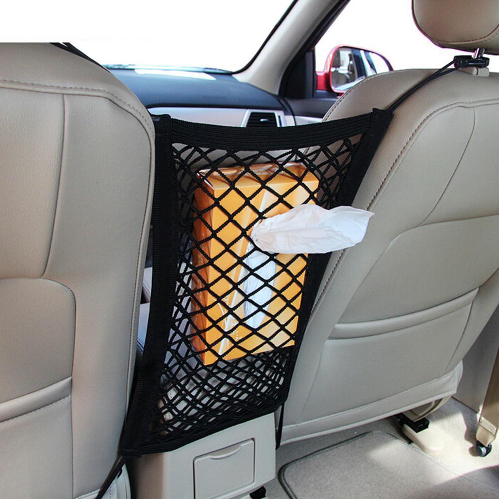 Unisex car seat storage net organizer installed between seats, keeping vehicle tidy and organized