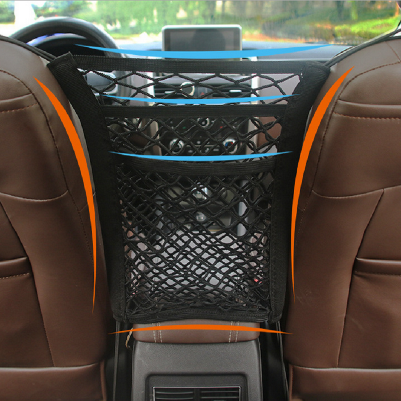 Perspective view of a car seat storage net organizer, showcasing ample storage for car essentials